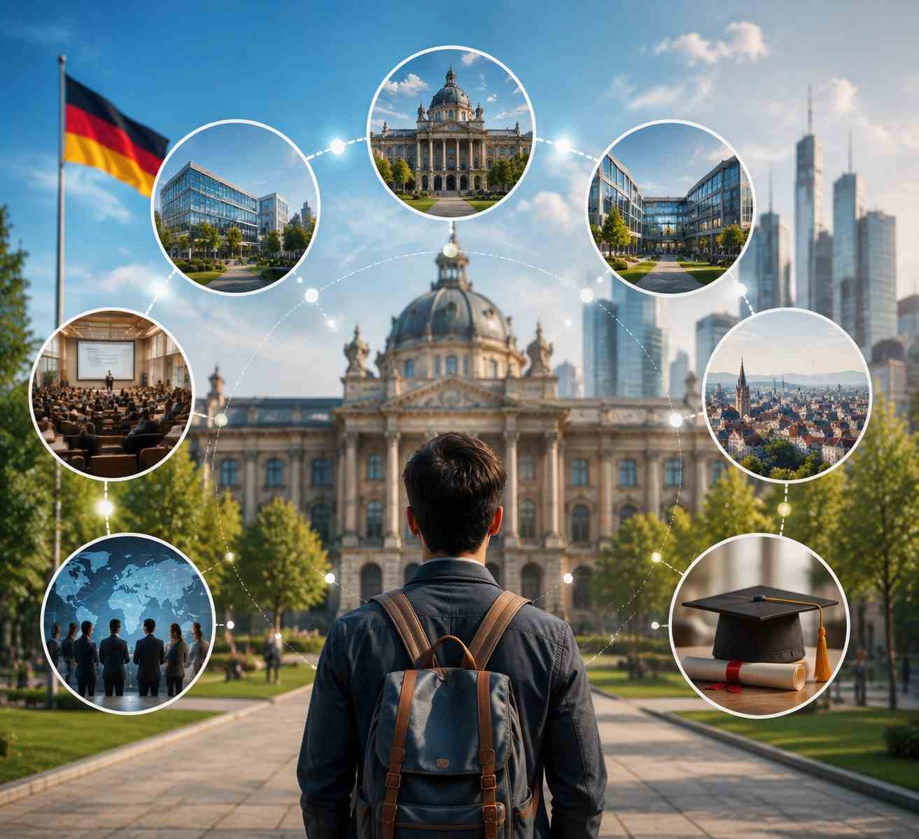 Best MiM colleges in Germany represented by a student on a university campus with education, global exposure and career opportunity symbols.
